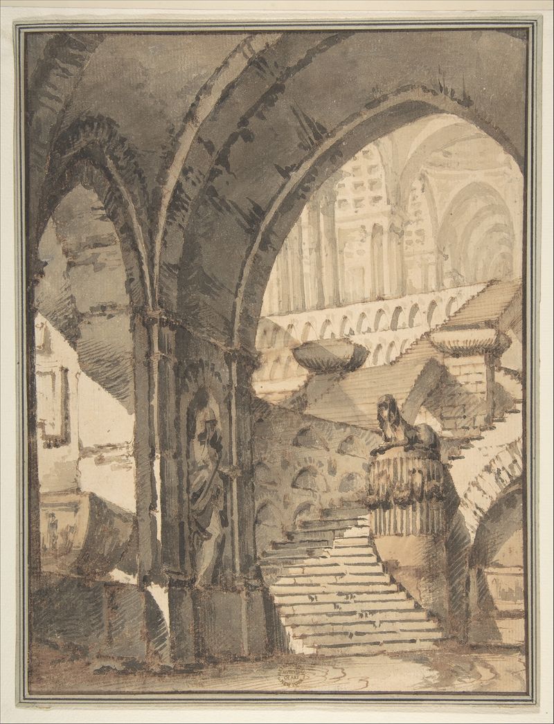 Framed Design for a Stage Set with Arches, Stairs, Human Figure and Sphinx Statue, 1772–1842,  Mauro Berti